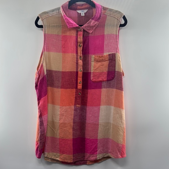 3For$20 Time and Tru Plaid Pink/Tan Sleeveless HalfButton Down Blouse size: XXL - Picture 1 of 6